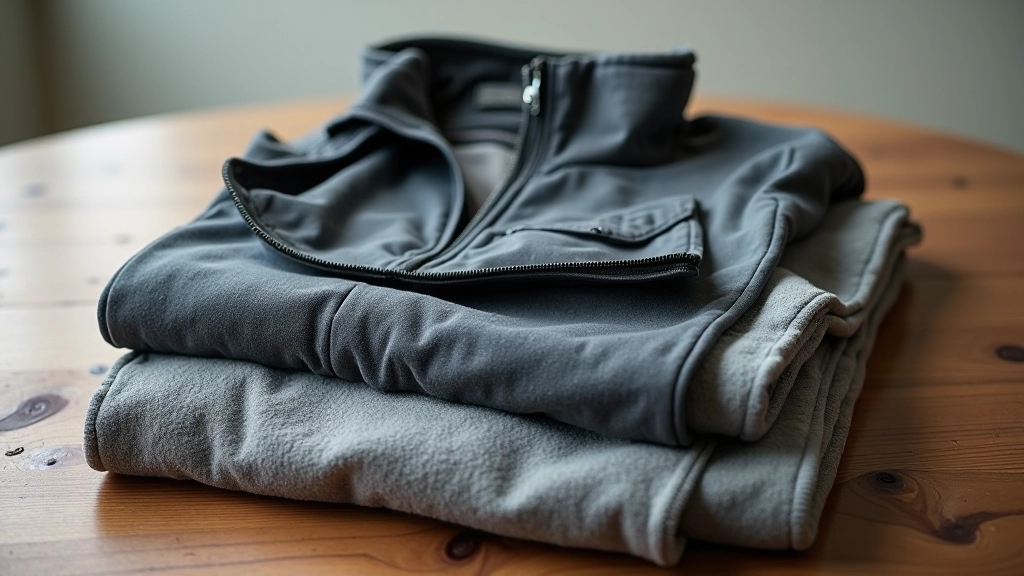 Proper layering system displayed: merino base layer, fleece mid-layer, and waterproof jacket on wooden display