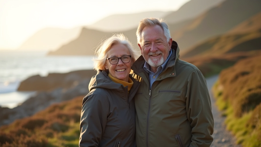 Mature couple enjoying peaceful moment on Connemara shoreline with coastal rocks and sea breeze