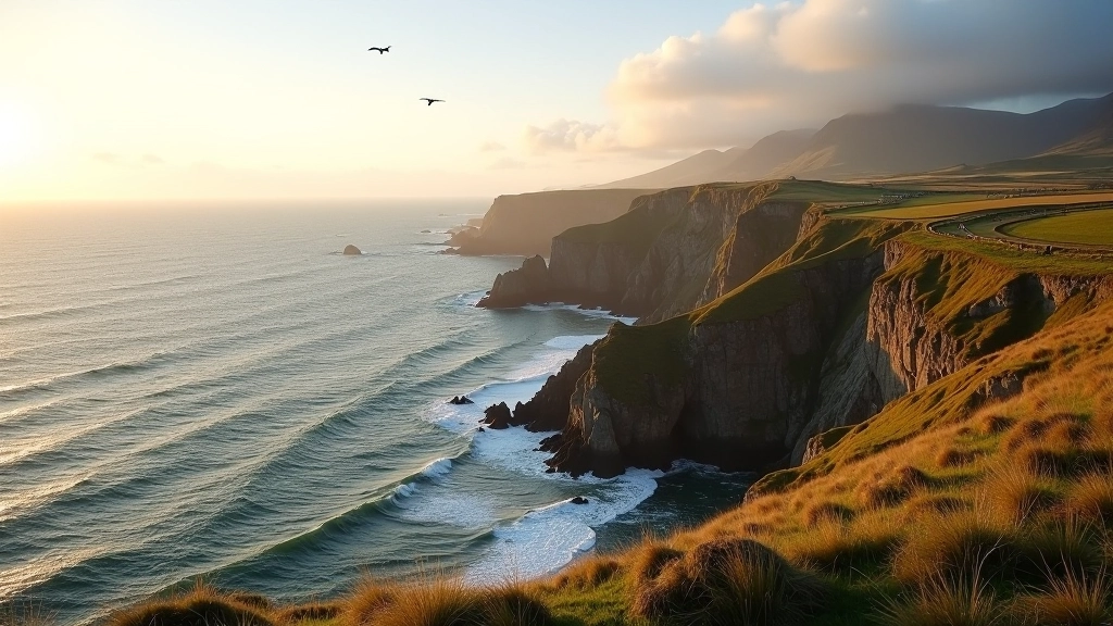 Peaceful coastal landscape showing Connemara cliffs and seabirds flying over Atlantic waves