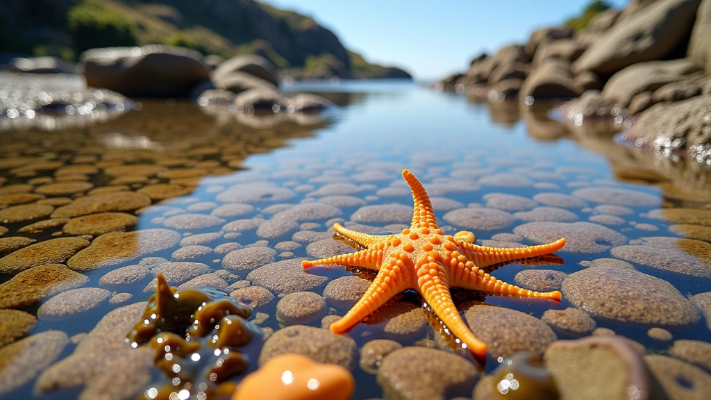 Close-up of tidal pools with colorful marine life and seaweed on beach