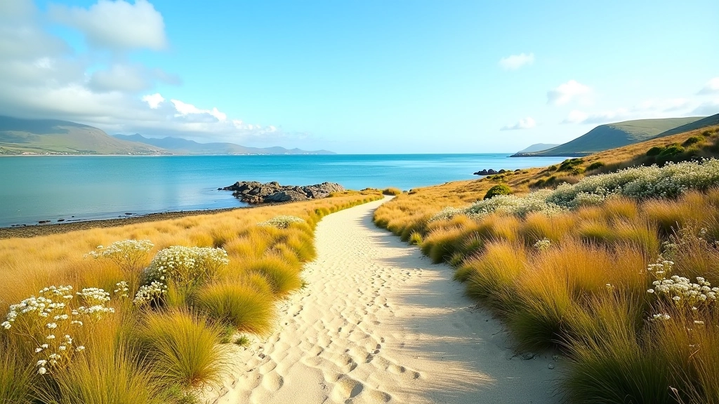 Retired walkers enjoying coastal path with golden sand and turquoise water at Omey Island Galway