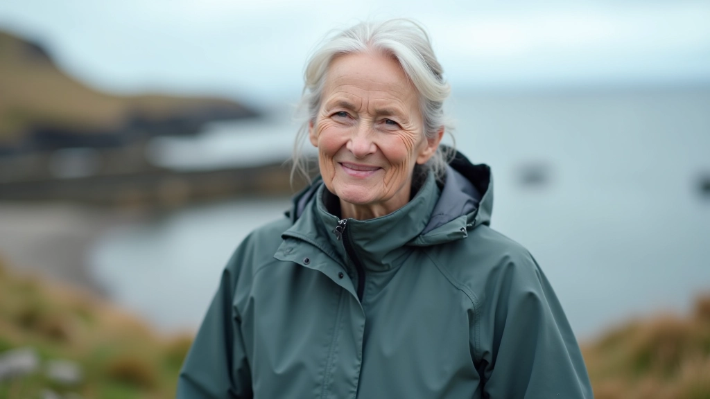 Woman aged 65 wearing layered coastal walking gear